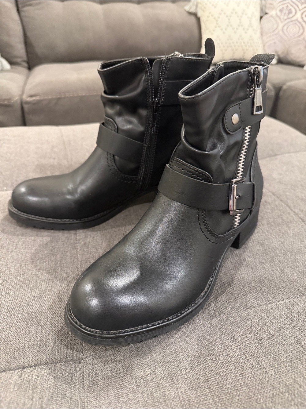 Classic Black Buckle & Zip Moto Ankle Boots
